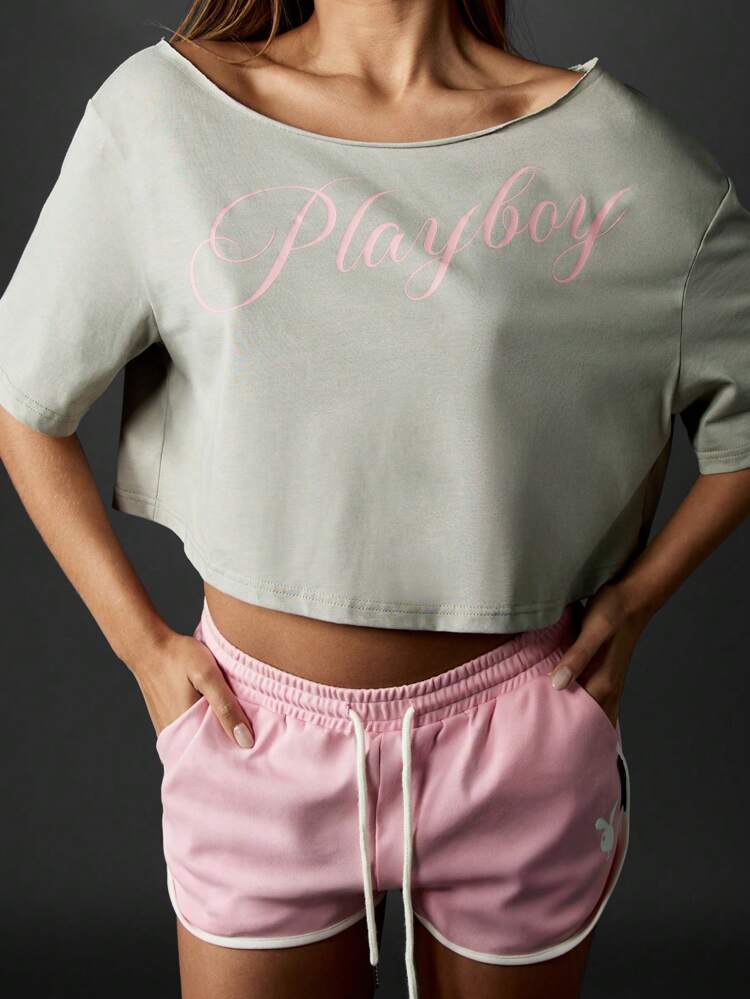Missguided x Playboy Off Shoulder Cropped Casual Relaxed Fit Short Sleeve Top