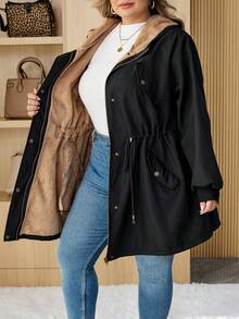 SHEIN CURVE+ 秋冬大码女式抽绳腰休闲宽松连帽大衣，长袖冬季大衣，适合新年、感恩节 - 黑色 - 查看 9