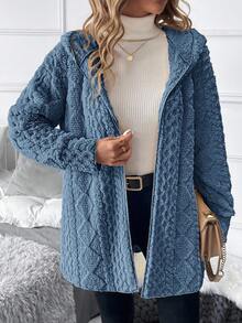 SHEIN Clasi Women's Solid Color Minimalist Daily Long Sleeve Hooded Textured Fleece Jacket In Fall/Winter - Dusty Blue - View 5