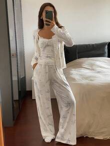 DAZY 3pcs/Set Floral Print Lace Patchwork Robe, Camisole Top & Pants Women Pajama Set, Fall Winter Clothes