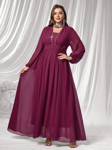 Coutiva Plus Size Women's Rhinestone Decor Long Sleeve High-End Evening Gown, Elegant Luxury Party Dress Sequin Dress  Lace Dress Red Dress Burgundy Dress Luxury Evening Dresses For Women - Burgundy - View 10