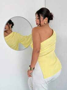 Firerie 加大码女式优雅新款时尚海滩度假休闲不对称肩部超长袖腰部褶饰金属装饰黄色衬衫 - 黃色 - 查看 3