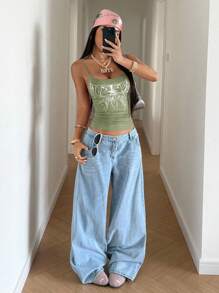 StreetHx Streetwear 女款 Y2K 休闲蝴蝶图案吊带背心 - 綠色 - 查看 6