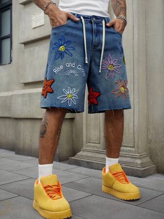 Street Life Herren Bermuda Denim Shorts mit loser Passform und floraler Stickerei auf der Tasche