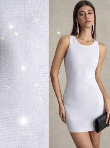 Briarwyn Váy bó sát mini không tay đính đá Rhinestone thanh lịch dành cho nữ, trang phục dự tiệc đêm mùa thu sang trọng - Bạc - Xem 3
