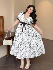 Flirla Plus Size Contrast Color Lace Trim Ditsy Floral Sweet Cute Mini Dress - White - View 4