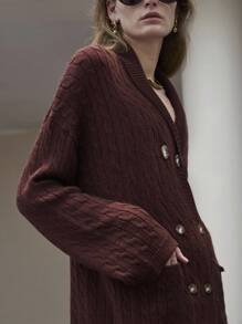 Uhlyne Uhlyne 2 件套女士秋冬针织毛衣套装，宽松围脖领，麻花针织拼布，口袋，长袖，酒红色 - 酒紅色 - 查看 6