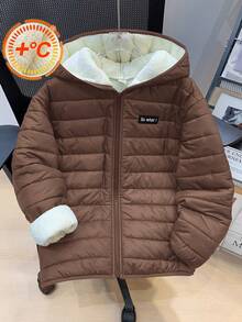 SHEIN Tween Boy Casual Hooded Zip-Up Long Sleeve Woven Winter Parka Coat, Suitable For Commuting, School, Casual, Travel, Sports, Autumn/Winter, Brown;Boys Winter Clothes;Boys Fall Clothes - Brown - View 2