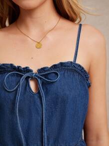 WESTFADE 心形领蝴蝶结前开衩荷叶边 100% 纯棉牛仔上衣 秋季可爱上衣 返校牛仔上衣 Y2K - 深色水洗藍 - 查看 6