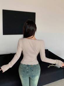 DAZY Women's Patches Lace Ribbed Long Sleeve T-Shirt Going Out Tops,Fall Clothes - Khaki - View 3