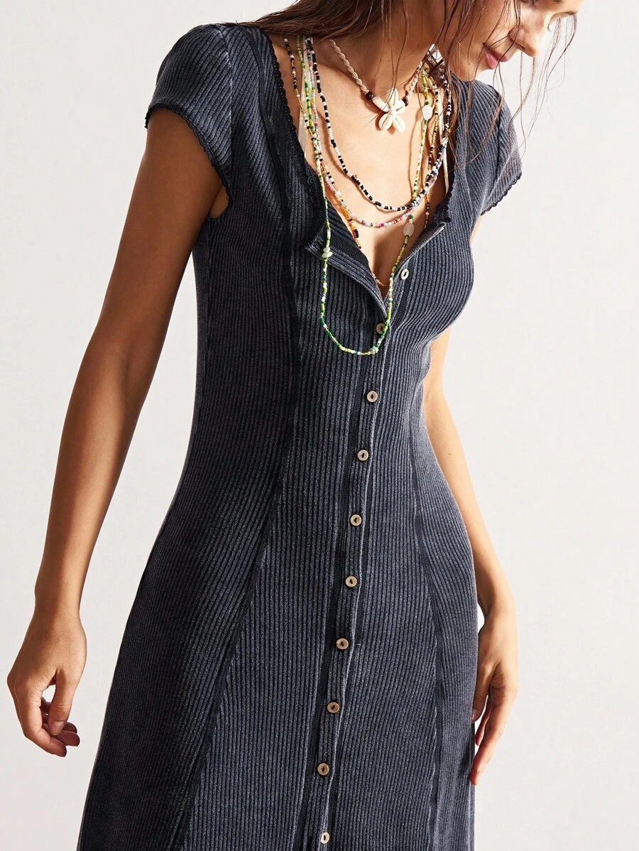 Bohemela 女式休闲纯色V领修身水洗及膝针织连衣裙