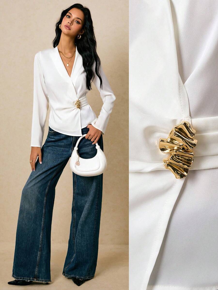 Poéselle Women's Shirt Satin Shirt Metal Button Decoration Tie Back Waist Long Sleeve Shirt White Elegant Shirt Asymmetrical Hem Women's Casual Versatile Solid Color Blouse All White Business Casual Woman Office Outfits For Women Old Money Back To School Going Out Tops Women Going Out Outfits Streetwear Women Fall Women Clothes Autumn - White - View 1