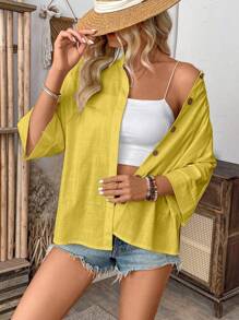 EMERY ROSE 女士简约纯色纽扣宽松袖口衬衫 女士休闲春季宽松纽扣衬衫 女士纽扣衬衫 女士夏季衬衫 亚麻纽扣衬衫 女士黄色亚麻衬衫 - 黃色 - 查看 3