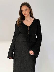 Auralis Plus-Size Ladies' Long Sleeve Suit, Ladies' Casual Suit, Black Suit, Blouse And Skirt Suit, Ladies' Two Pieces Suit,Fall Clothes For Women Lounge Sets For Women Rave Outfits Festival Going Out Outfits - Black - View 4