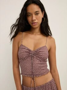 Nöista Polka Dot Brown Set For Women With Delicate Straps, All-Over Micro Print, And A Ruched Bodice With Drawstring Detail. The Flowy Silhouette And Lightweight Material Make It Perfect For A Summer Look. - Brown - View 8
