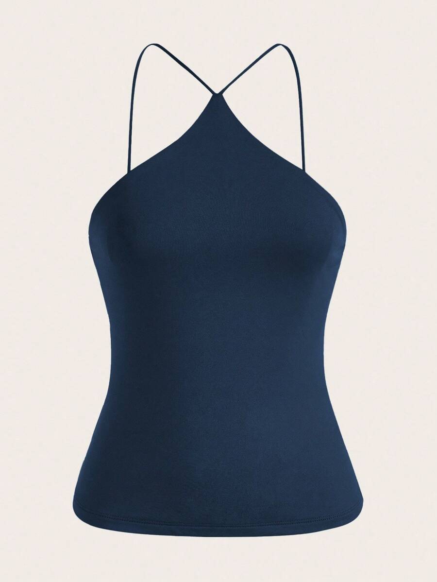 SHEIN BASICS Solid Color Halter Neck Top/Summer - Navy Blue - View 1