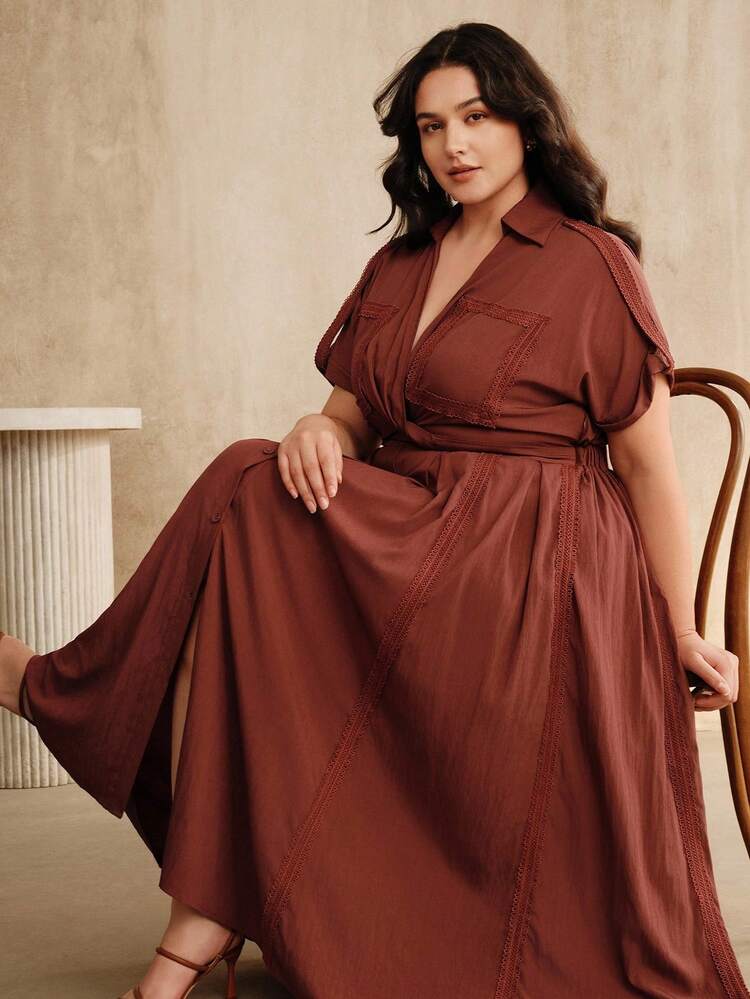 Plus Size Women's Floral Splice Batwing Sleeve Tie Waist V-Neck Maxi Dress, Vacation Style