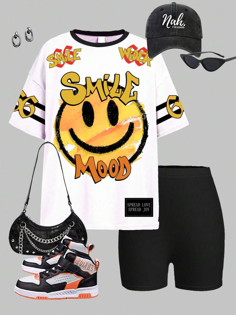 2pcs Y2K Chill Chill Smiling Face Graphic Casual Tween Girl Short Sleeve T-Shirt And Shorts Set, Suitable For Summer - Multicolor - View 1