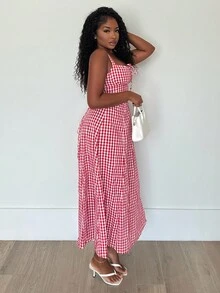 Alexandranx Váy kẻ caro dây ngang bắp chân cho nữ, thời trang và phù hợp cho mùa hè - Đỏ và trắng - Xem 6