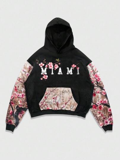 Street Life Sudadera con capucha de hombre con estampado floral y parches, adecuada para uso diario, primavera/verano