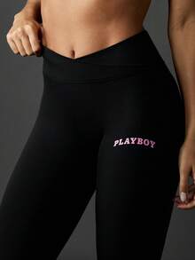 Missguided x Playboy Performance High Rise Compression Workout Leggings Moisture Wicking Athletic Yoga Running Tights With Logo Print Training Exercise Fitness Pants - Black - View 4