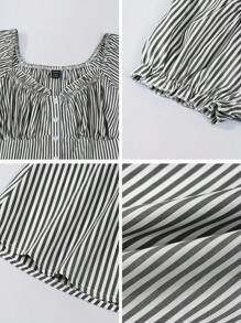 Zielony Women's Casual Striped Ruffle Trim Button Front Shirt, Summer Gray Top Women Tops Short Sleeve Tops Striped Top Square Neck Tops