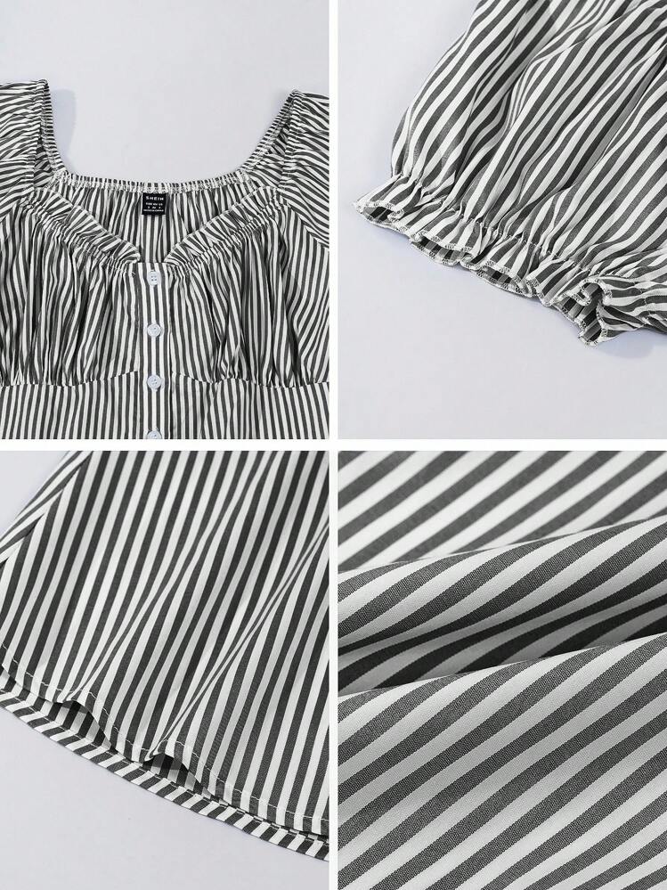 Chiquease Camisa casual de mujer con botones y volantes a rayas, blusa de verano gris para mujer, blusas de manga corta, blusas a rayas, blusas de cuello cuadrado - Negro - Añade 9