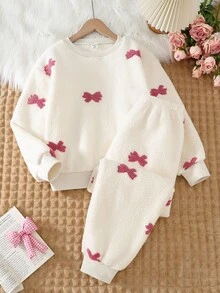 Bộ đồ ngủ dài tay và quần dài thêu nơ cho bé gái, màu be, chất liệu nỉ, thường ngày thanh lịch - Nhiều màu - Xem 3