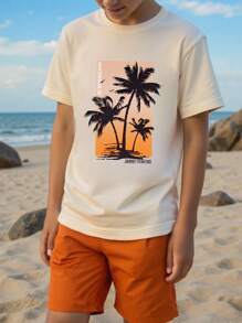 2 件男童休闲日落棕榈树和字母印花短袖 T 恤和短裤套装，度假装