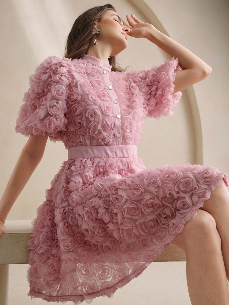 Anewsta 女士甜美优雅泡泡袖连衣裙，修身剪裁，高品质法式风格，适合春夏、情人节、生日等场合。 - 粉色 - 查看 1