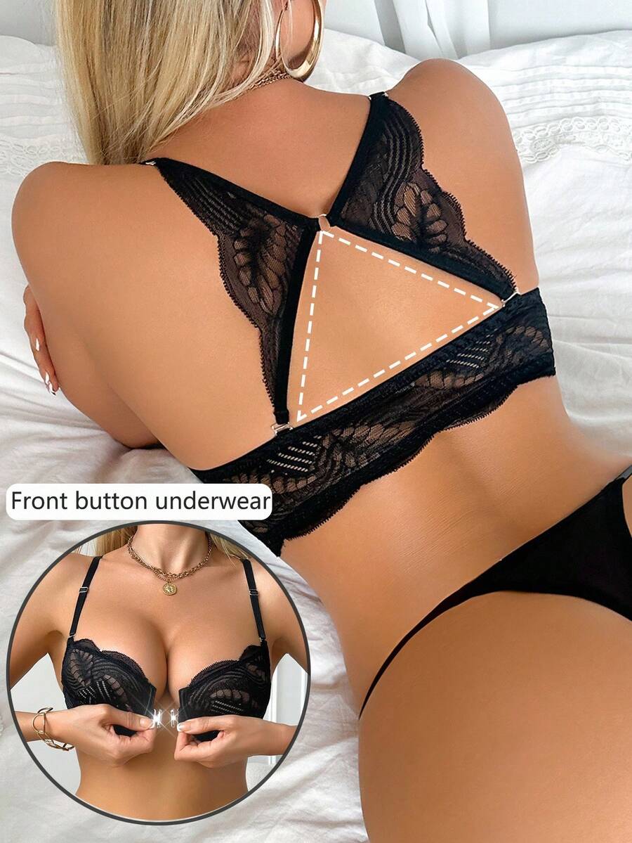 SHEIN 1pc Women's Front Closure Underwire Bra - Black - View 1