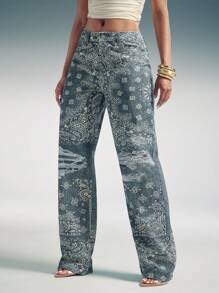 Denimoi Jeans rectos de mezclilla con estampado de paisley en todo el tejido con lavado vintage