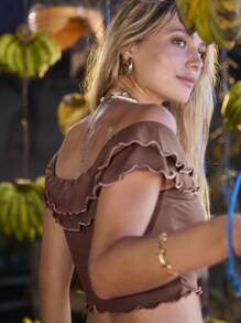 Aralina Off The Shoulder Double Ruffle Crop Festival Top - Brown - View 2