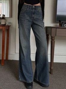 Dazy Tall 女式高腰长款直筒休闲牛仔裤 - 中等水洗藍 - 查看 5