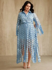 Anewsta Plus Size Women's Summer Long Dress, 3/4 Sleeve, Blue Circular Pattern, A-Line Elegant Shirt Dress