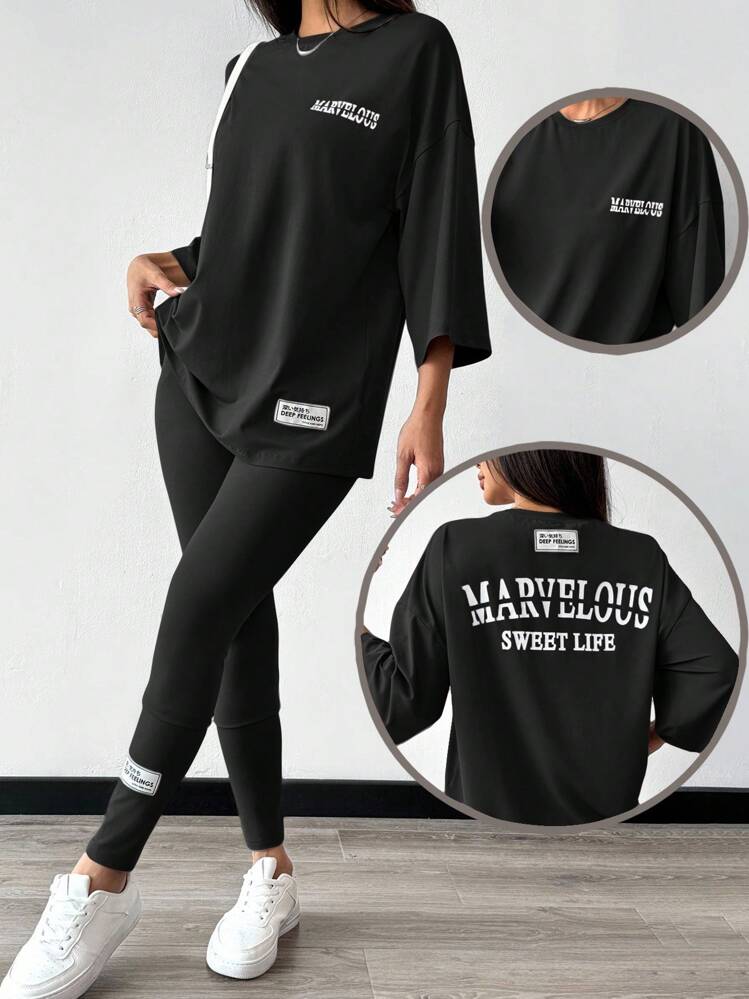 Mulvari 2pcs/Set Women's Summer Letter Print Oversized T-Shirt And Pants Casual Outfit 2 Pieces Set Tracksuit Women Set Comfy Sets Women Jogger Sets For Women Sweat Set Women - Black - View 1