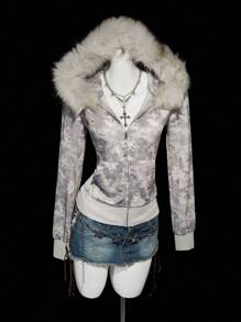 SHEIN ICON Women's Vintage Camouflage Fuzzy Long Sleeve Regular Jacket Women Zip-Up Hoodie In Fall/Winter