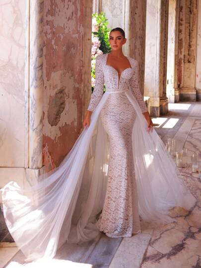 Glamrae Elegant Luxurious Embroidered Applique Elastic Lace Handmade Pearl Sheer Long Sleeve Mermaid Dress With Train, Sexy Backless, Suitable For Wedding, Party, Vacation, Bridal Gown, Valentine's Day