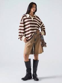 LYSMO 2025 Nuevo Llegado Minimalismo Otoño Mujer Camiseta casual holgada de cuello polo de manga larga con hombros caídos a rayas para salir, volver a la escuela, graduación, ropa urbana, grunge y punk chic, estilo Y2K y Estocolmo, mujer con estilo y maestra única, aeropuerto y viaje para mujer, blusas de otoño