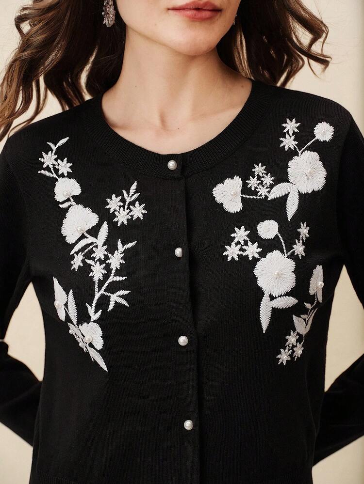 Autumn/Winter Fashion Casual Style Round Neck Single Row Pearl Button Cardigan, Embroidered Beaded Long Sleeve Women Sweater