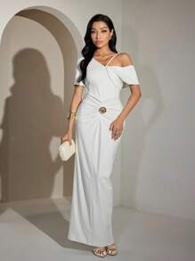 Modelyn Women's Elegant Solid Color Asymmetrical Collar Long Dress, Summer, All White Party Outfit - White - View 3