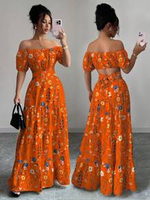 Elenzga Standard Size Women's Backless Tie Design Off Shoulder Elegant Long Dress - Orange - View 1