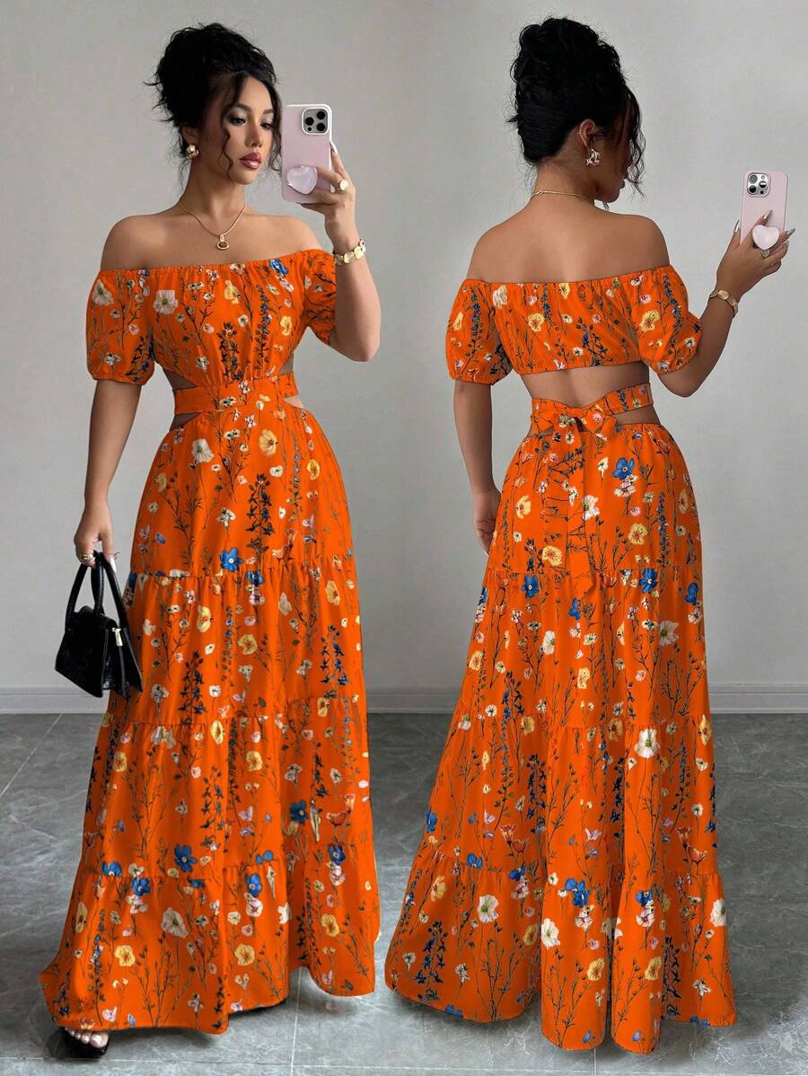 Elenzga Standard Size Women's Backless Tie Design Off Shoulder Elegant Long Dress - Orange - View 1