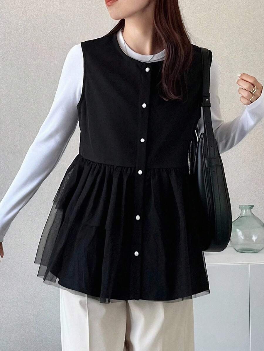 FRIFUL Jaket Kasual Longgar Serbaguna Wanita Warna Hitam Polos dengan Patchwork Jala Transparan, Cocok untuk Mantel Wanita Musim Gugur - Hitam - View 1