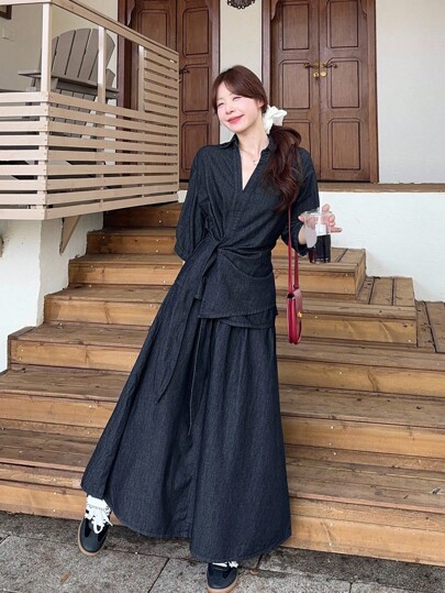 DAZY 2pcs Women's Korean Style Tie-Up Long Sleeve Shirt & Denim Skirt Suit, Spring/Autumn