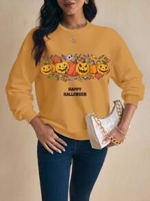 Shutterstock Glamance Damen Slogan Kürbis Muster Rundhals Dropped Shoulder Langarm Lässig Sweatshirt Halloween Sweatshirt Süßer Sweatshirt Kürbis Sweatshirt Basis Tops Winter - Orange - Übersicht 3