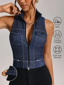 Flexra Women's Stand Collar Zip Front Fitted Denim Vest Jacket - Dark Wash - View 4