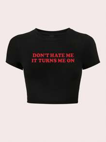 Flirla Women's Cropped Slim-Fit T-Shirt With Slogan Print DON'T HATE ME IT TURNS ME ON Graphic Tees Women Tops