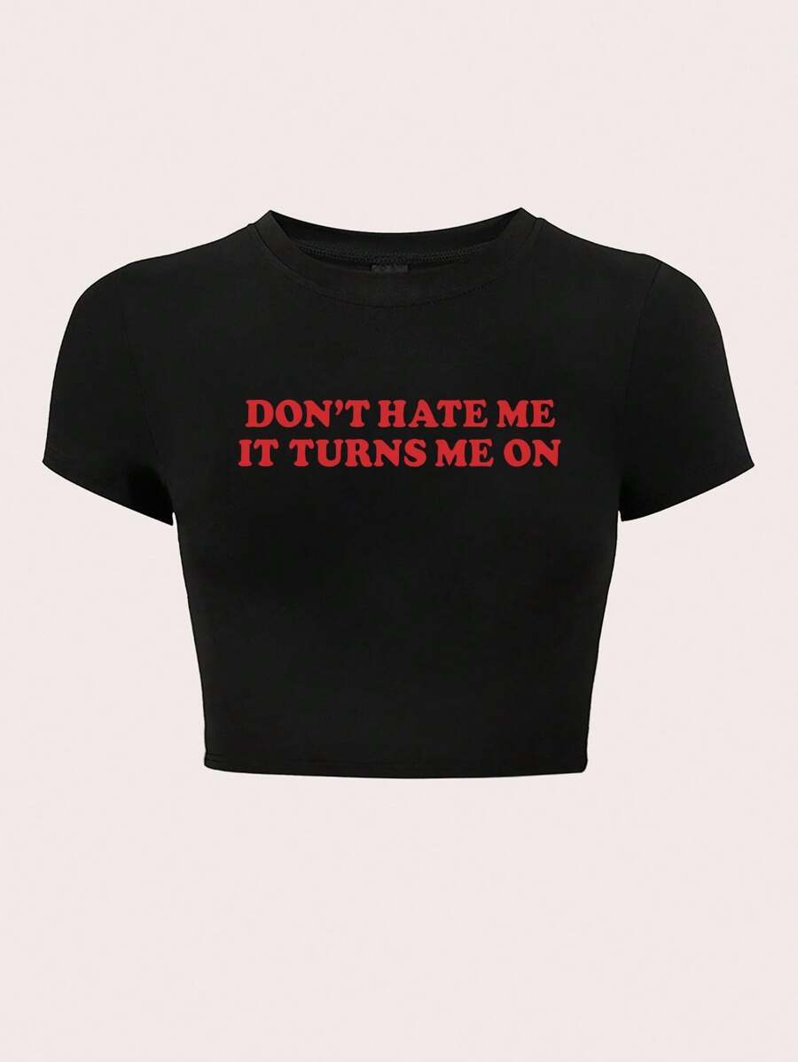 Flirla Women's Cropped Slim-Fit T-Shirt With Slogan Print DON'T HATE ME IT TURNS ME ON Graphic Tees Women Tops