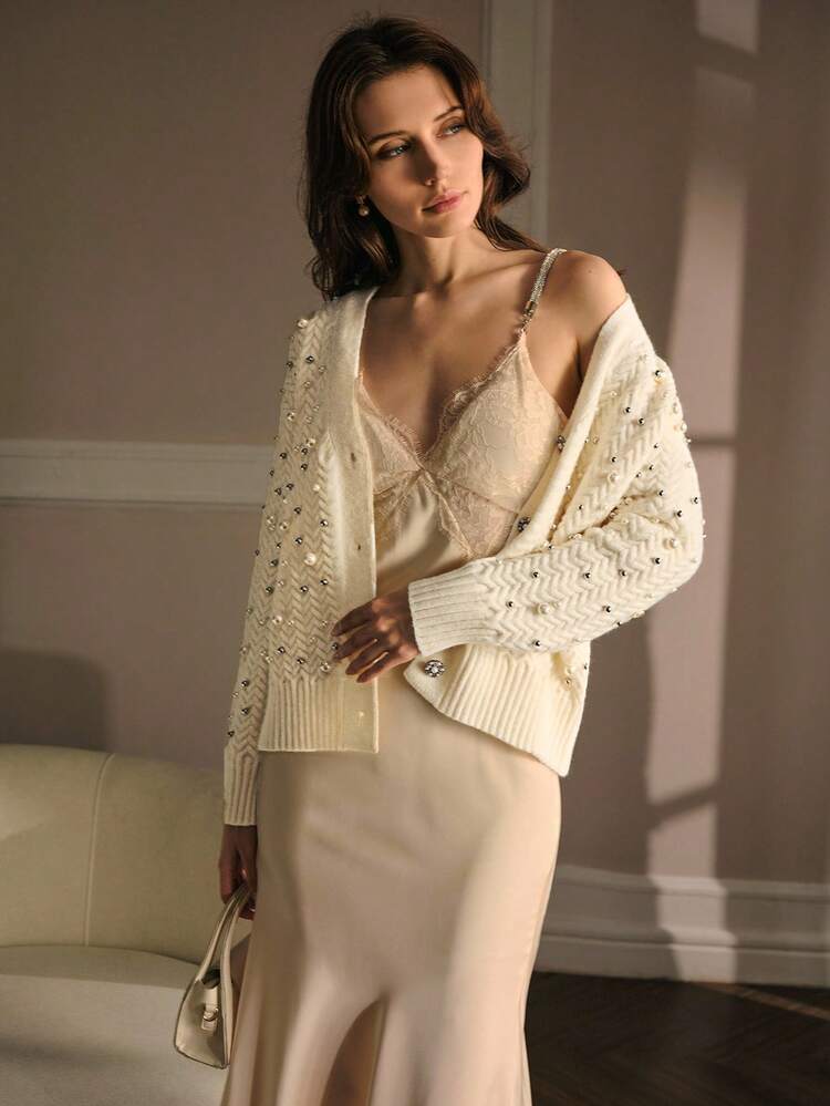 FAUX PEARL & BEADED DETAIL CARDIGAN FOR AUTUMN & WINTER